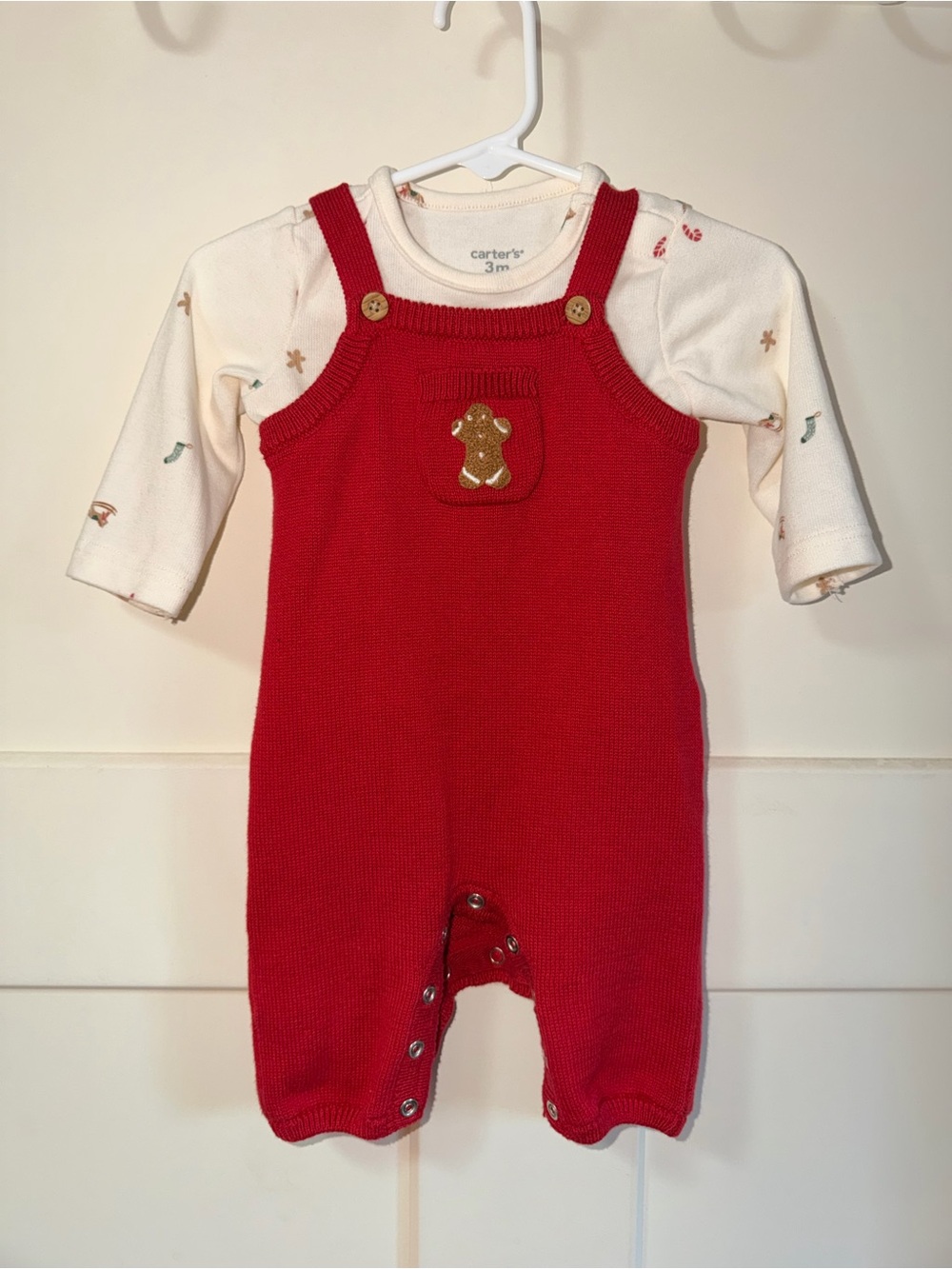 Carter's Red Knit Gingerbread Overalls with Cream Printed Top